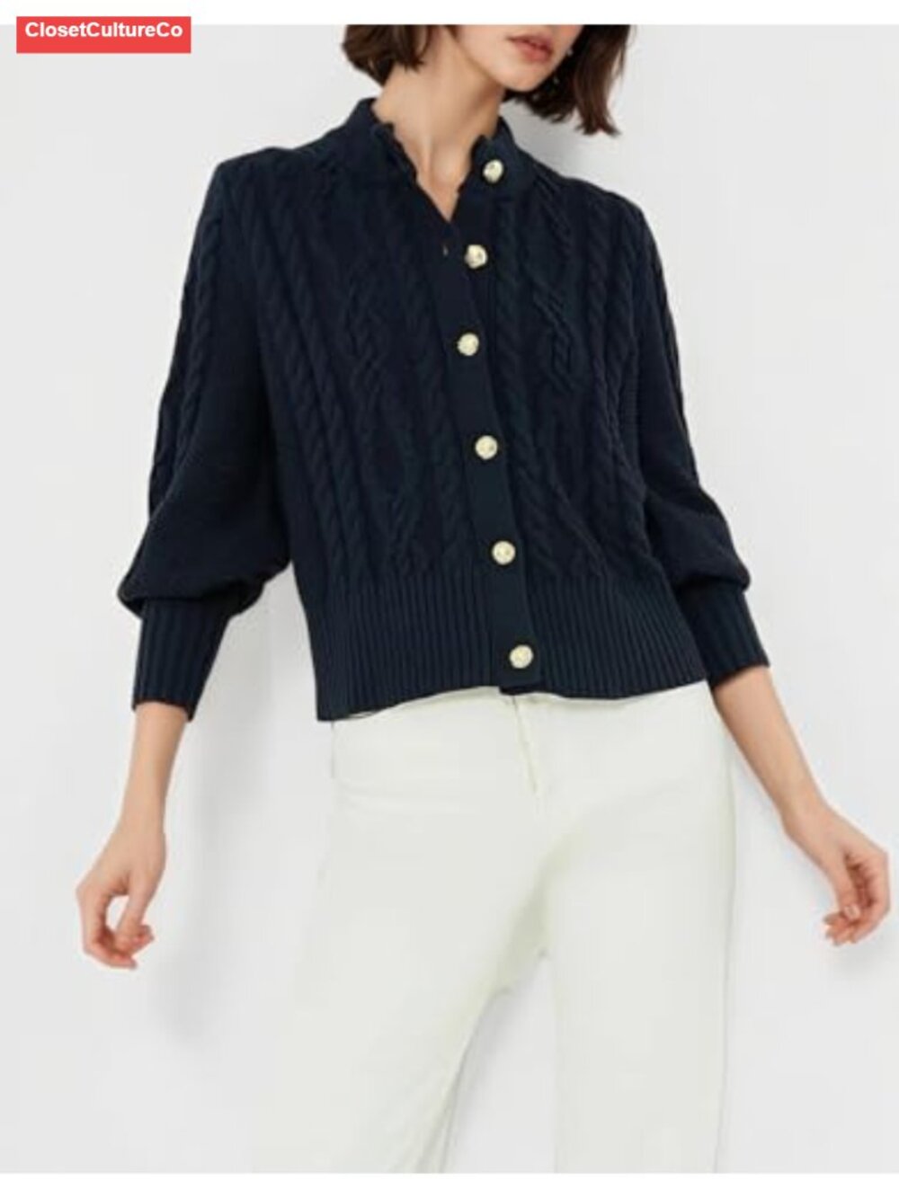 Cable Knit Cardigan Sweater Button Down Cropped Bishop Sleeve - Picture 3 of 6